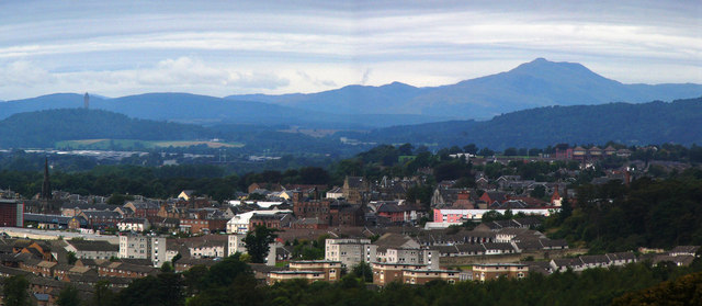 The town of Alloa spread out beneath the Ochil Hills, seen from Clackmannan Tower.